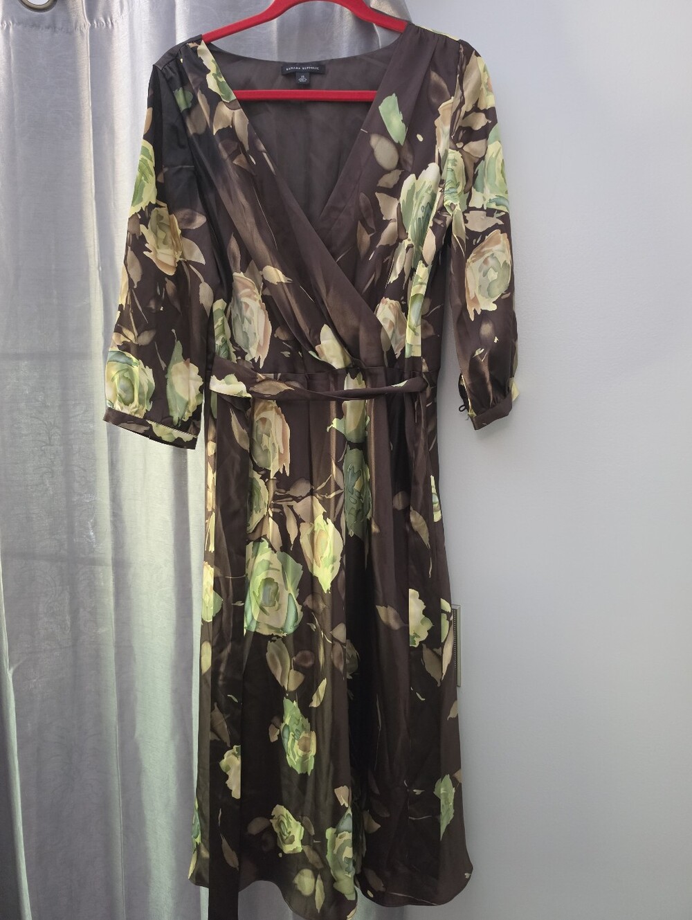 Banana Republic 100%Silk Floral Wrap Midi Dress - Brown & Green